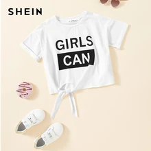 SHEIN Kiddie Solid White Knot Graphic Letter Print Kids T-Shirt Girls Tops Summer Short Sleeve Casual Crop Kids Shirts Tee