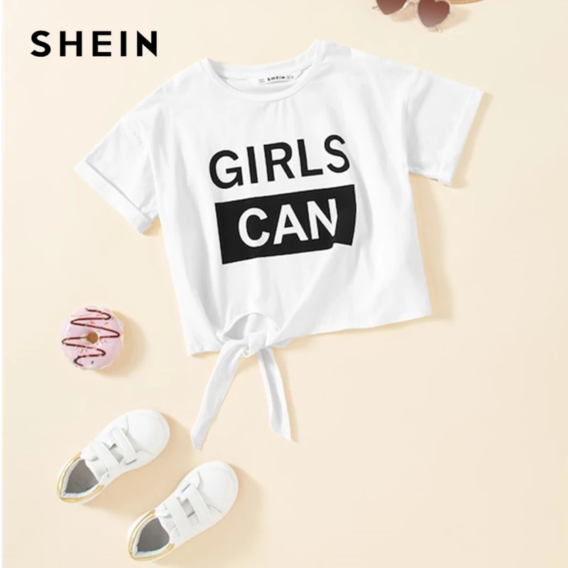 SHEIN كيدي الصلبة الأبيض عقدة الجرافيك إلكتروني طباعة أطفال تي شيرت الفتيات قمم 2019 الصيف قصيرة الأكمام عارضة المحاصيل الاطفال قمصان المحملة