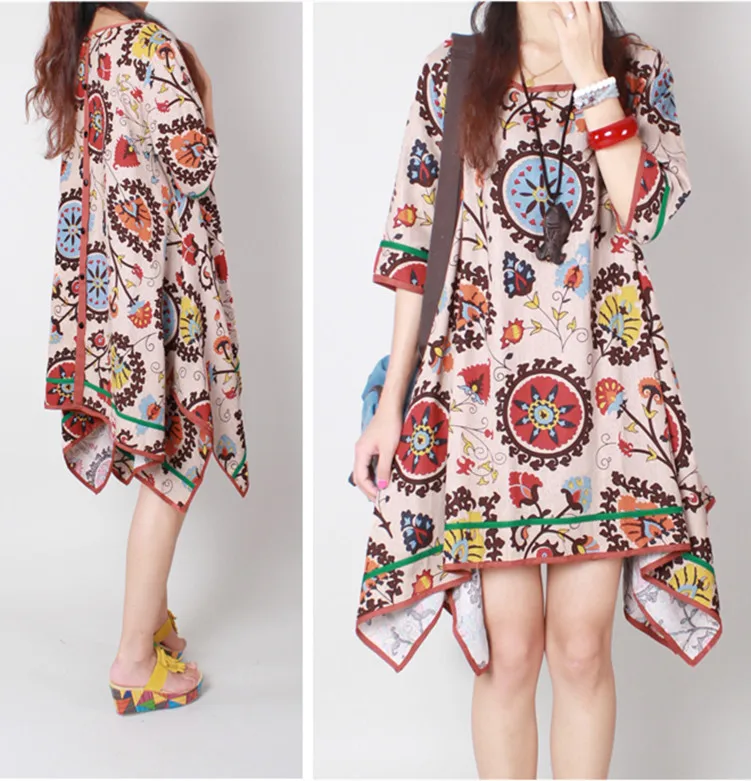 

New Summer Loose Plus Size Fashion Print Exquisite Irregular Women's Hemming One-piece Dress Casual Cotton Linen Dresses