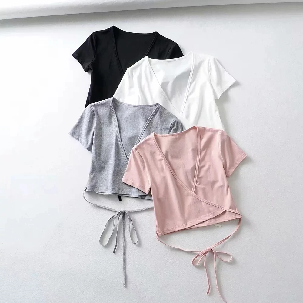 

Summer Women Sexy Slim Crop Top short sleeve V-neck Tees T Shirt Low Cut Solid bustier Girls Femmes Cross Wrap t-shirt