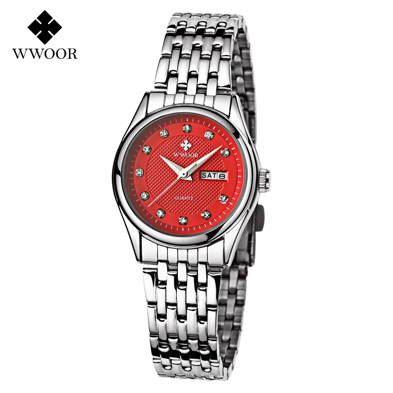 

WWOOR Women's Japan Quartz Watches Fashion Auto Date Week Display Ladies Watch Stainless Steel Wristwatches Calendar Reloj Mujer