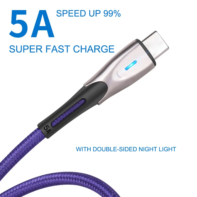 Ddaian 5A USB кабель светодиодный Quick Charge QC3.0 USB кабель для huawei samsung Xiaomi type C кабель