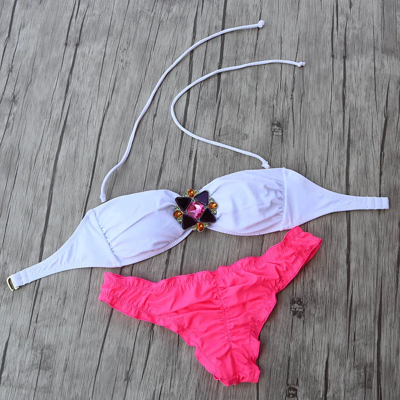 

Women Crystal Diamond Bikini Set White Top Secret Summer Swimsuit Biquini Pink Cheeky Bottom brazilian Bathing Suit Swimwear