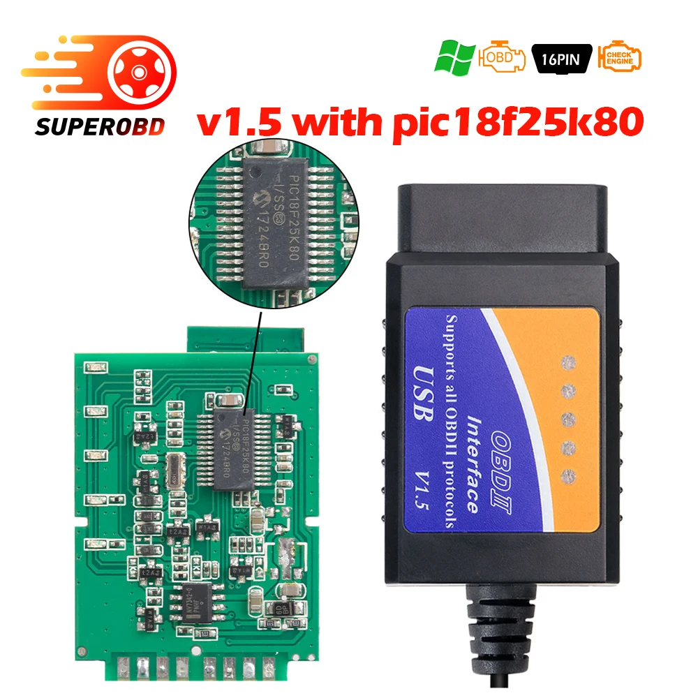 Диагностический прибор elm327 obd2 usb V1.5 с PIC18F25K80 elm 327 считыватель кодов автомобиля