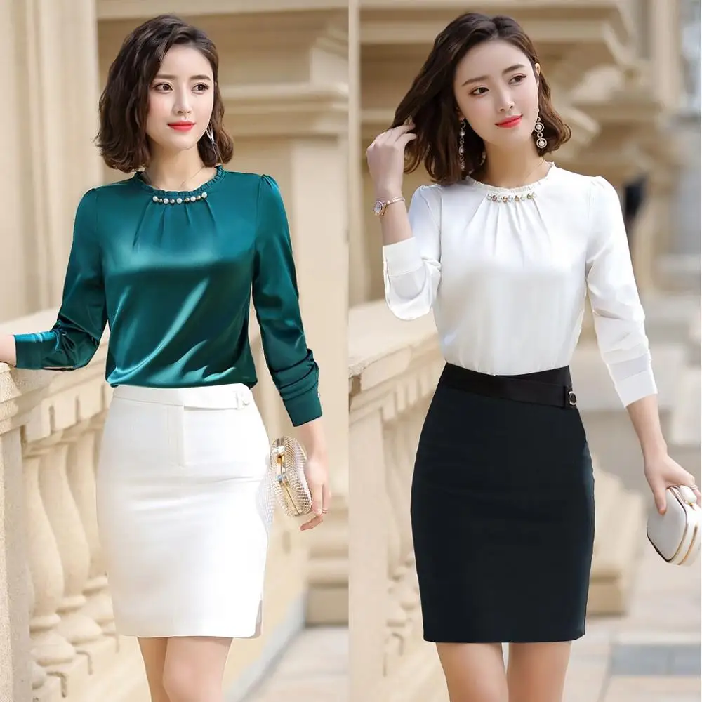 

New 2019 Fashion Women Blouses & Shirts Long Sleeve 2 Piece Skirt and Top Sets Ladies Business Suits