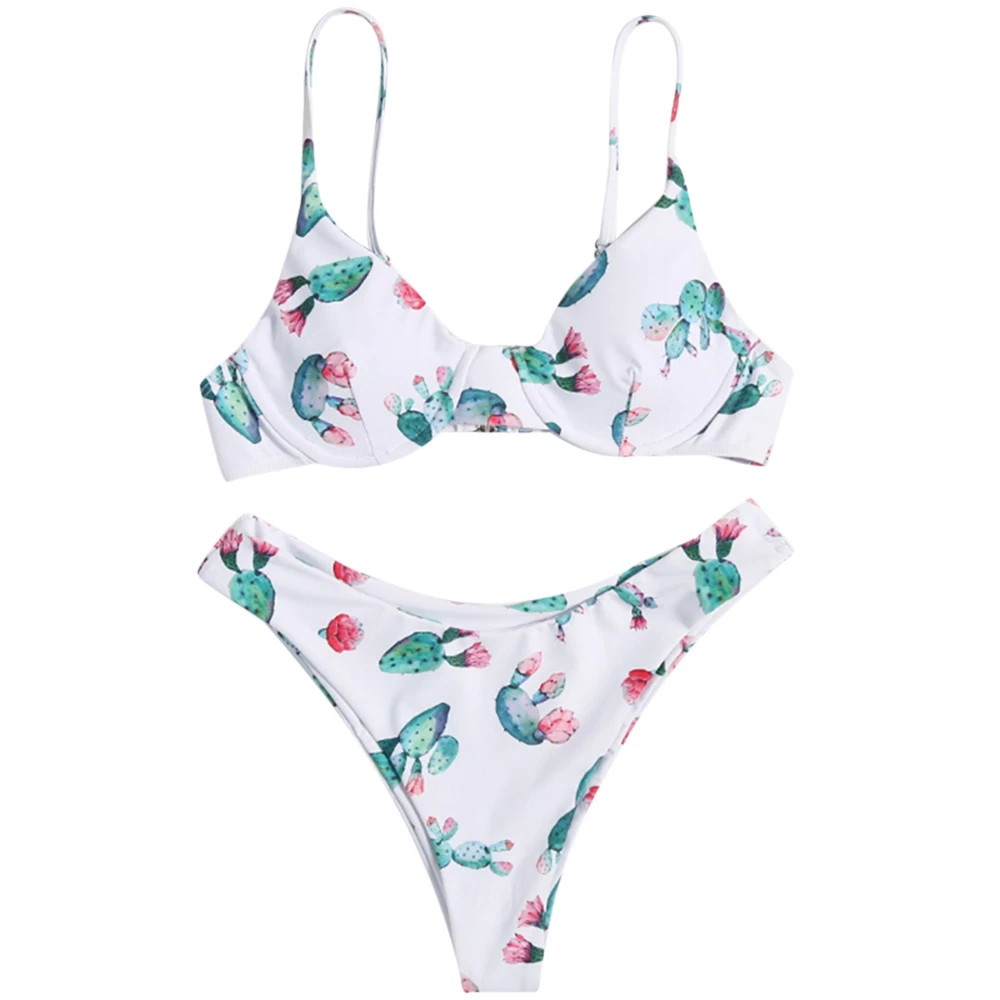 Cactus Print Underwire Bikini Set Swimwear Women Low Waist Swimsuit Sexy Padded Thong Bathing Suit Biquni | Женская одежда