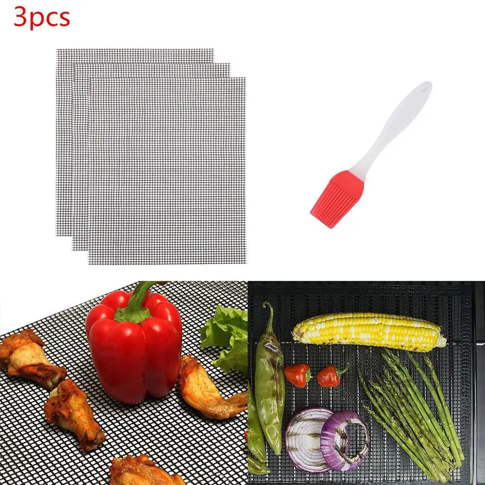 

3pcs Non-stick BBQ Grill Mesh Mat Set of 3 Barbecue Baking Pad Grill Sheet Liners Grilling Mats Teflon Cooking Plate With Brush