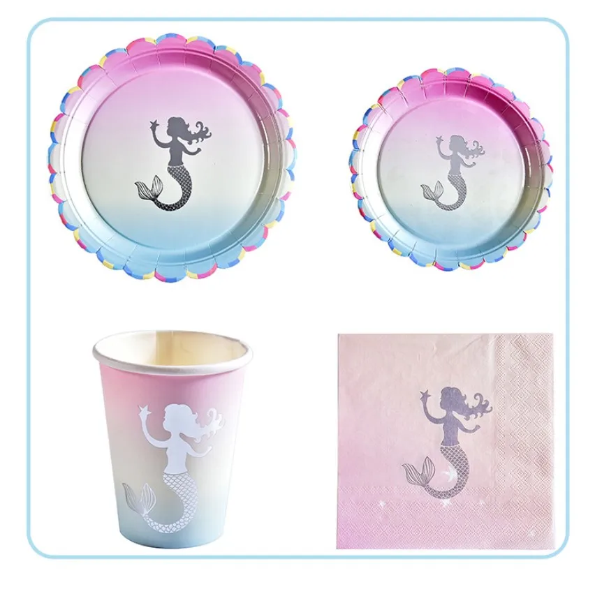 

Mermaid Party Tableware Happy Birthday Party Paper Plate Cup With Mermaid Paper Napkins Decor Baby Shower Girl Party Supplies