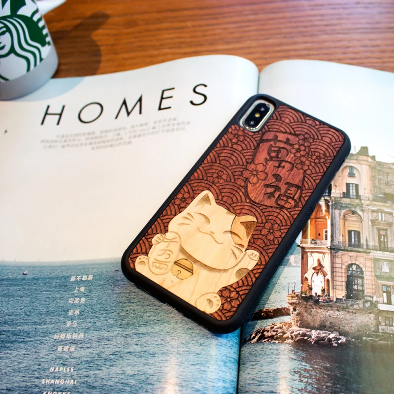 

Animal real wood retro style Phone Case For Iphone 6 S 7 8 PLus X S carving Wooden Cover business up-market wood shell