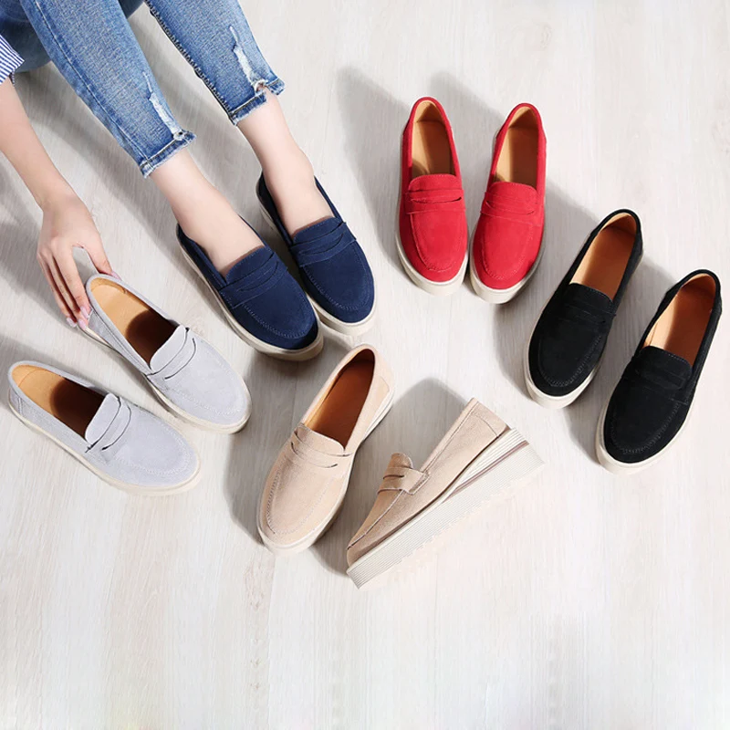 

2019 New Spring Red Platform Flats Women Slip On Wedges Round Toe Solid Creepers Ladies Casual Flat Shoes XWD7252
