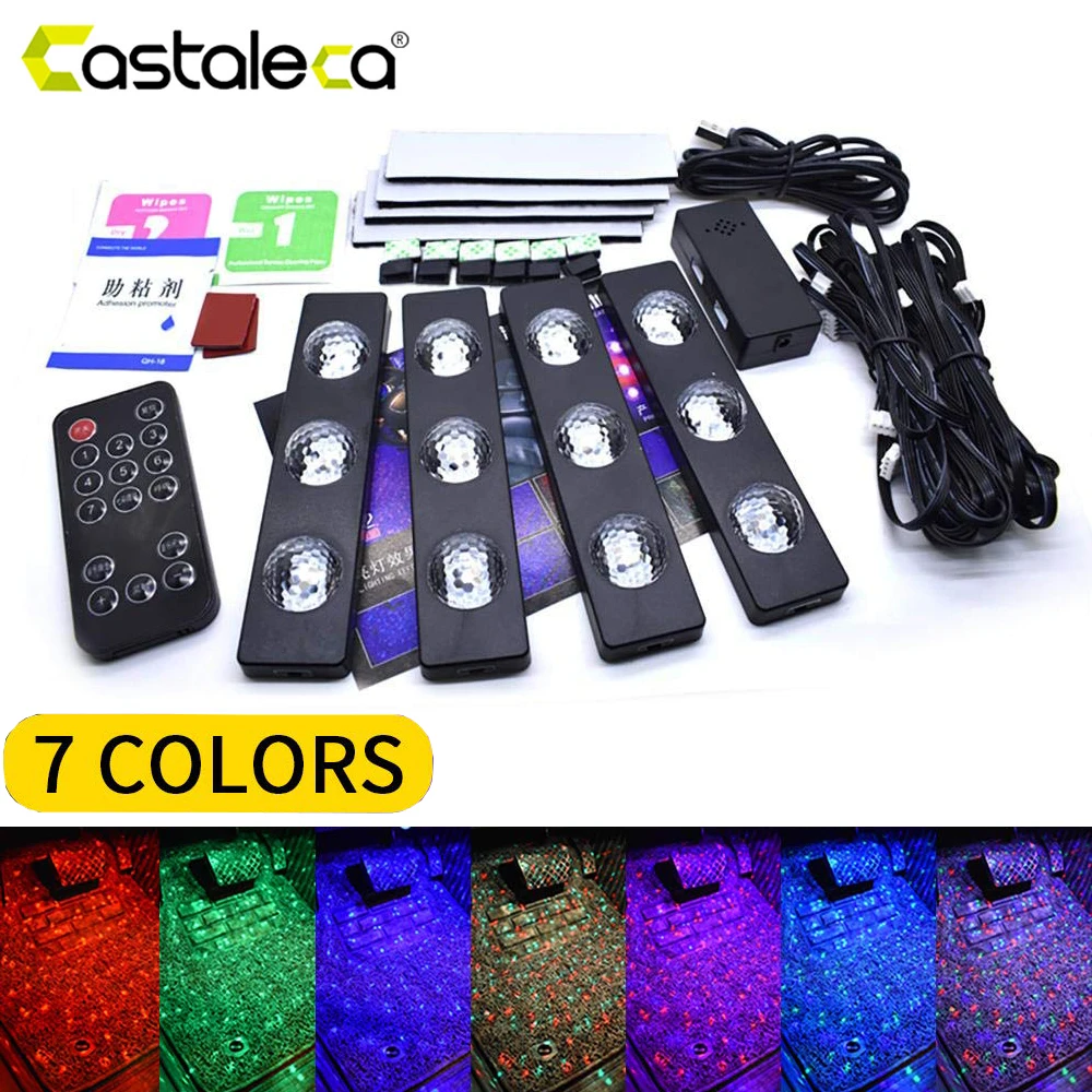

Castaleca 4pcs LED Car USB Atmosphere Light RGB Colorful Music Sound Remote Control Interior Strip Lamp For Festival Party