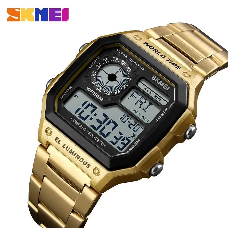 Обратный отсчет компас спортивные часы SKMEI Для мужчин s часы от топ бренда, Роскошные наручные часы Для мужчин Водонепроницаемый светодиодный электронные цифровые часы мужские часы - Цвет: gold