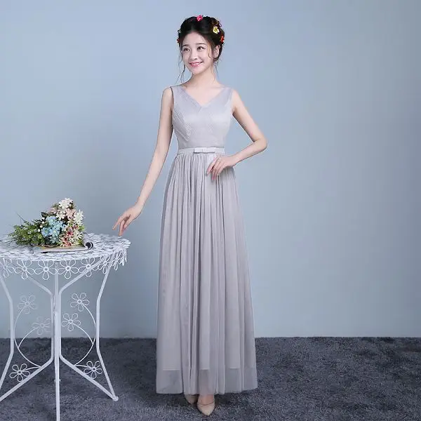 grey Beauty-Emily Дешевые Длинные розовые/шампанские/серые/фиолетовые платья подружек невесты трапециевидной формы длиной до пола с открытыми плечами вечерние платья для выпускного вечера - Цвет: grey