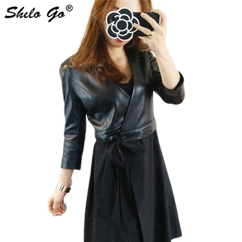 

SHILO GO Leather Trench Womens Spring Fashion sheepskin genuine leather Long Coat V Neck half sleeve bow belt spliced skirt coat