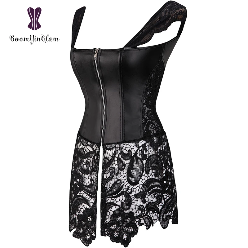 Back Zipper Women's Gothic Lace Up Front Punk Faux Leather Bustier Corset Dress Plus Size Lingerie 903