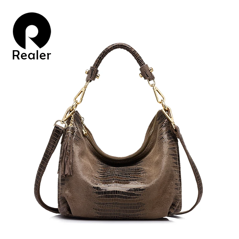 

REALER brand women genuine leather bags female serpentine pattern shoulder bag high quality ladies handbag with tassel