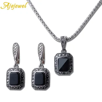 

Ajojewel Square Semi-precious Stone Black Jewelry Sets Exquisite Earring Necklace High Quality 2 Pcs Set Woman