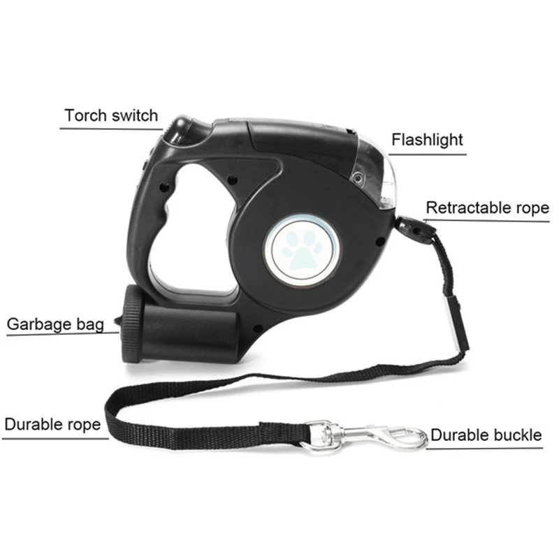 4.5M LED Flashlight Extendable Retractable Pet Dog Leash Lead with Garbage Bag