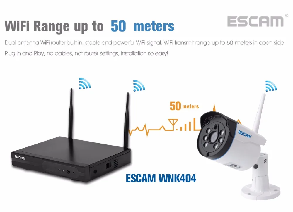 ESCAM WNK404 Outdoor 4CH CCTV Security Surveillance System ONVIF 1MP HD-720P Bullet Video Wireless Wifi Camera NVR System Kit ESCAM WNK404 Outdoor 4CH CCTV Security Surveillance System ONVIF 1MP HD-720P Bullet Video Wireless Wifi Camera NVR System Kit