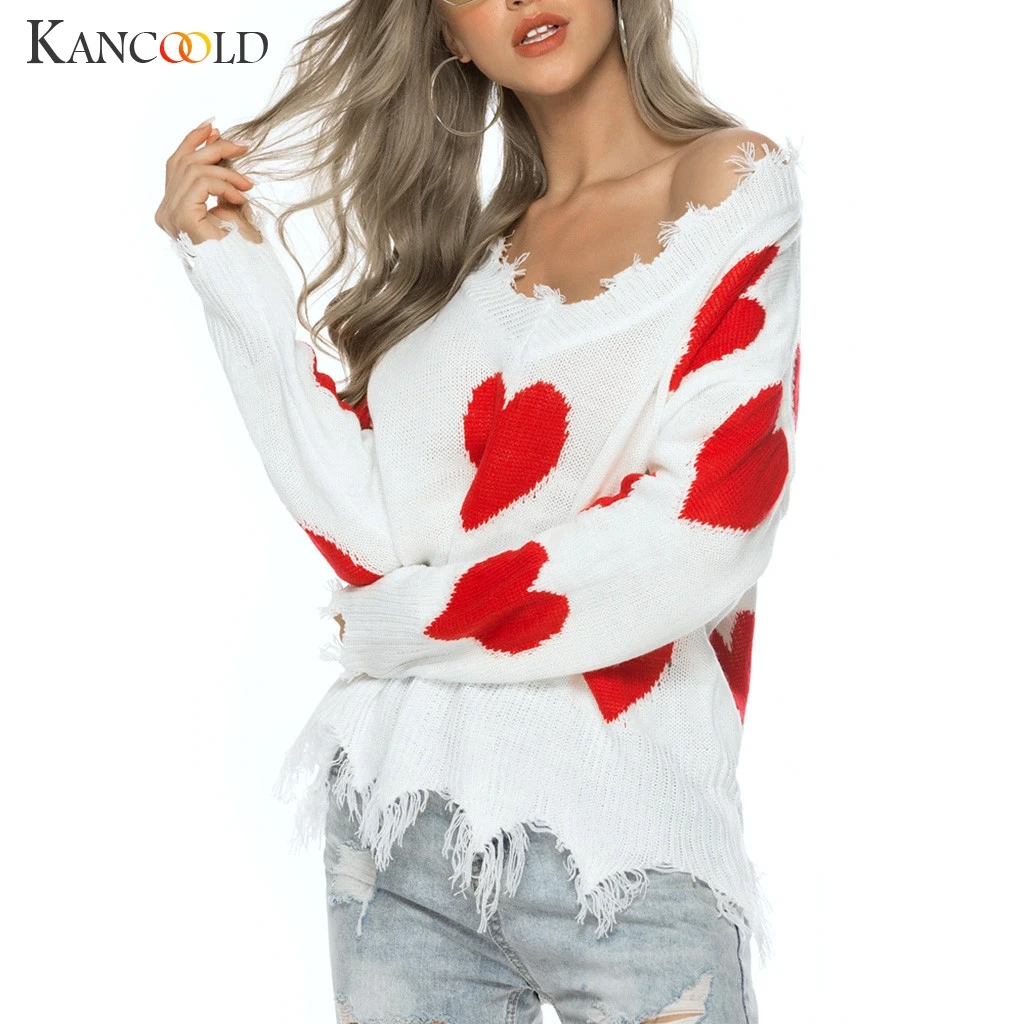 

KANCOOLD sweater Womens fashion sexy V-Neck Love Sweater Casual Knitted Loose Long Sleeve Pullover new sweater women 2019jul16