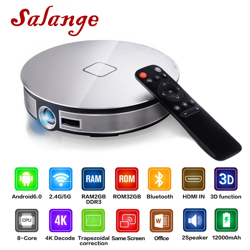 Salange D8S جهاز عرض صغير Led المحمولة 2G + 16G 1280*720 قرار المدمج في الروبوت 6.0 3D المزدوج WIFI 12000 mAh بطارية متعاطي المخدرات