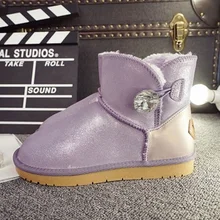Invierno de Las Nuevas Mujeres Zapatos de Cuero Genuino Mujeres Botas Bajas de Nieve Impermeables Del Rhinestone Flat Slip-on botas de Tobillo Grueso mujer