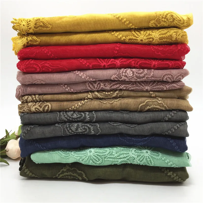 Роскошный вышивать цветок шарф кружева хиджаб сплошной цвет шали хиджабы мусульманские 8 видов цветов шарфы/шарф лоскутное плотная muffer