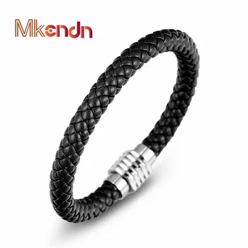 MKENDN Black Braid Genuine Leather Bracelet Bangle Stainless Steel Magnet Buckle LGBT Dublin Pride Party Jewelry