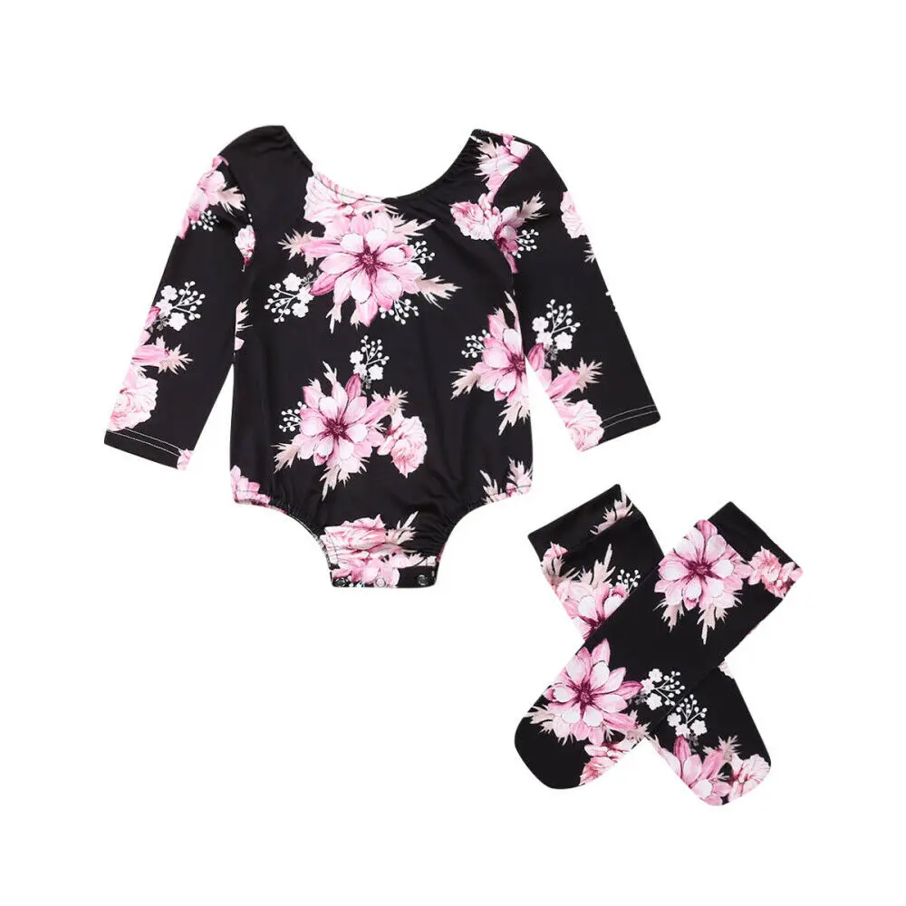 Cute Newborn Baby Girl Floral Clothes Long Sleeve Romper+Socks Outfit Set 0-18M