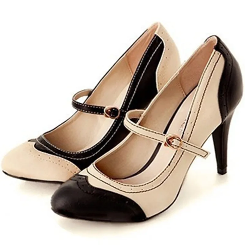 

Women Sewing Patchwork Buckle strap Big Size Heels (34-46) OL shoes Ladies full genuine leather high heels Sandalias Kvoll Pumps