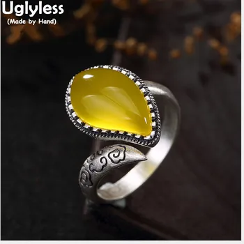 

Uglyless Real 990 Silver Handmade Luxury Natural Chalcedony Rings Women Vintage Carved Cloud Patterns Open Ring Waterdrop Bijoux