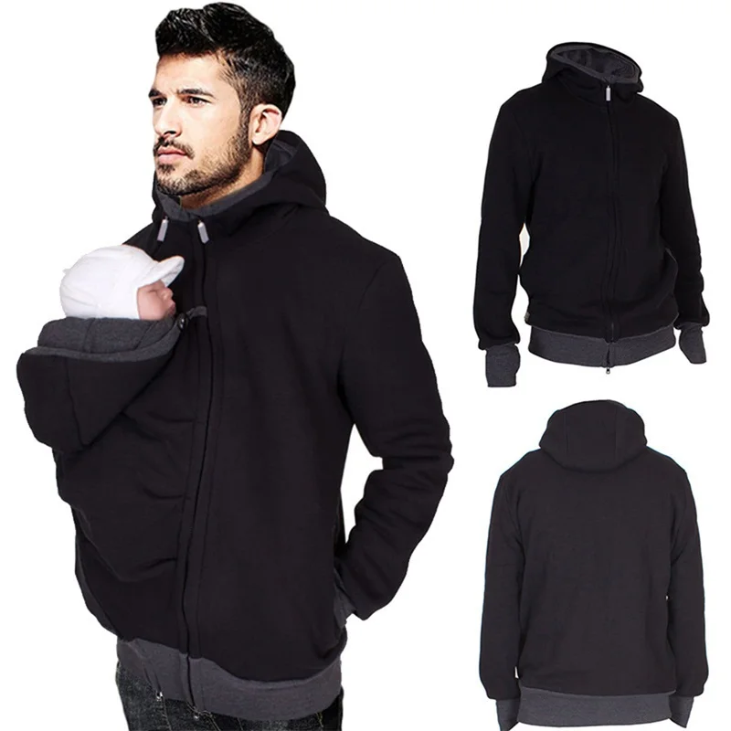 Dad Winter Carry Baby Carrier Jackets with Zipper Infant Sweatshirt Winter Warm Kangaroo Cotton Dad Coat Hoodies Wearing Clothes