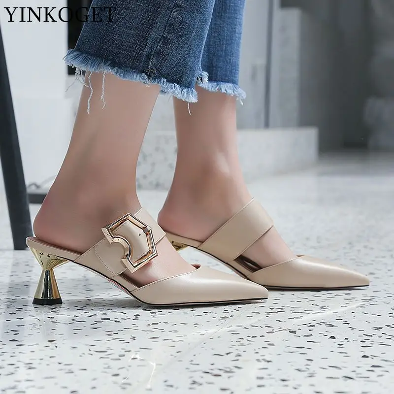 

YINKOGET brand genuine leather women slippers summer women sandals fashion sexy flip flops girls high heel shoes high heels