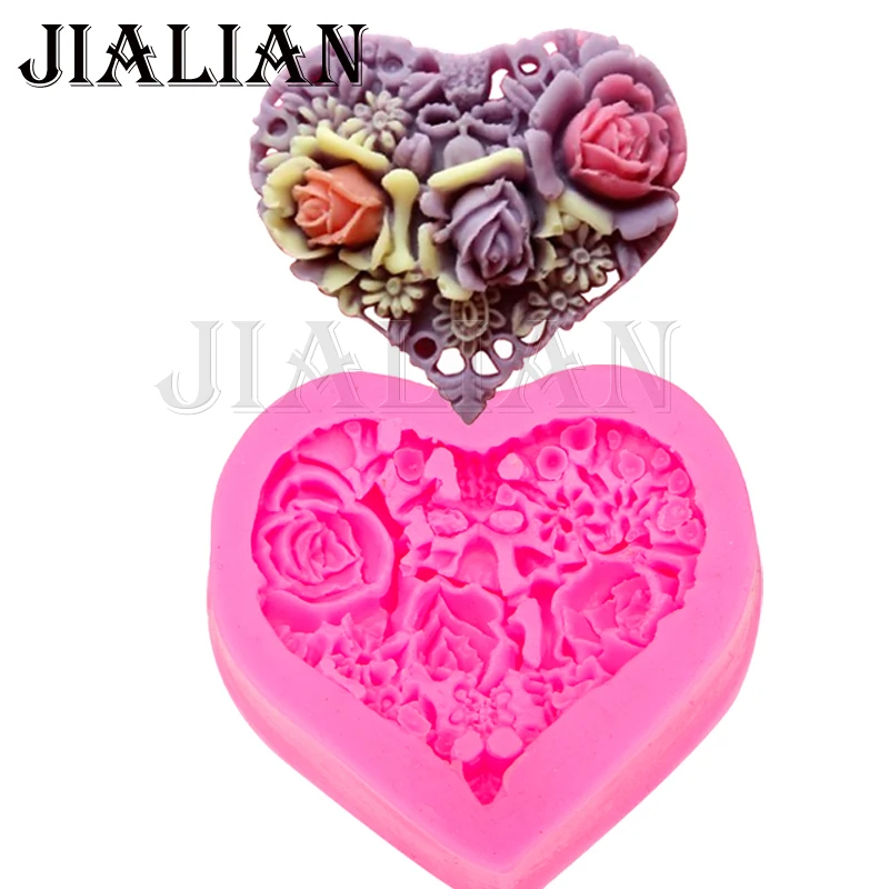 

Heart shaped roses soap mold chocolate wedding DIY fondant baking cake decorating tools Flowers silicone mold T0085