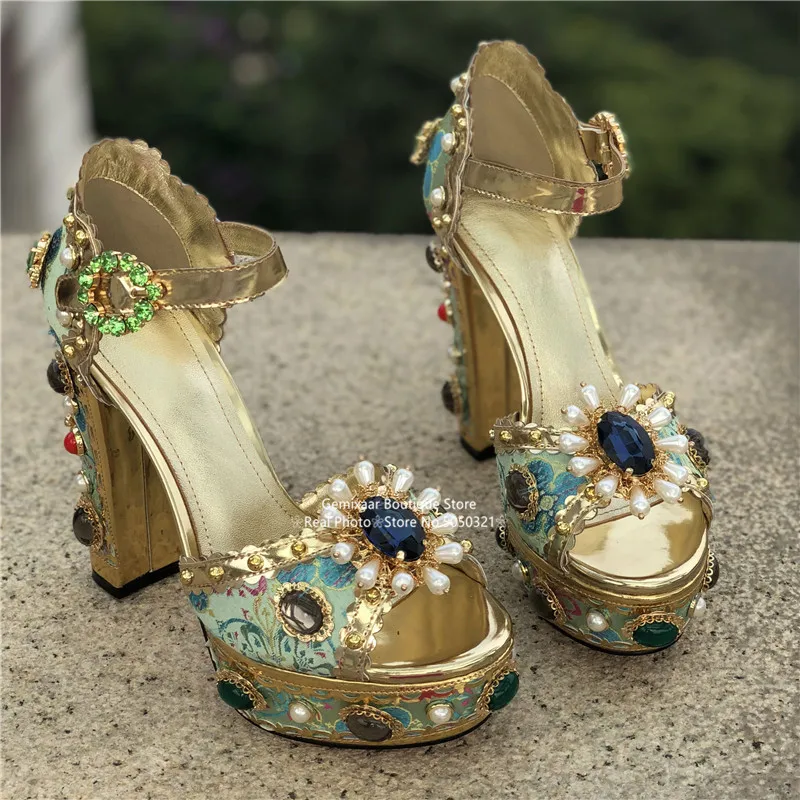 Blue Silk Shoes Woman Peep Toe Decor Pears Narrow Bucke Chic Chunky Square High Heels Studded Crystal Sandalias Woman Sandals