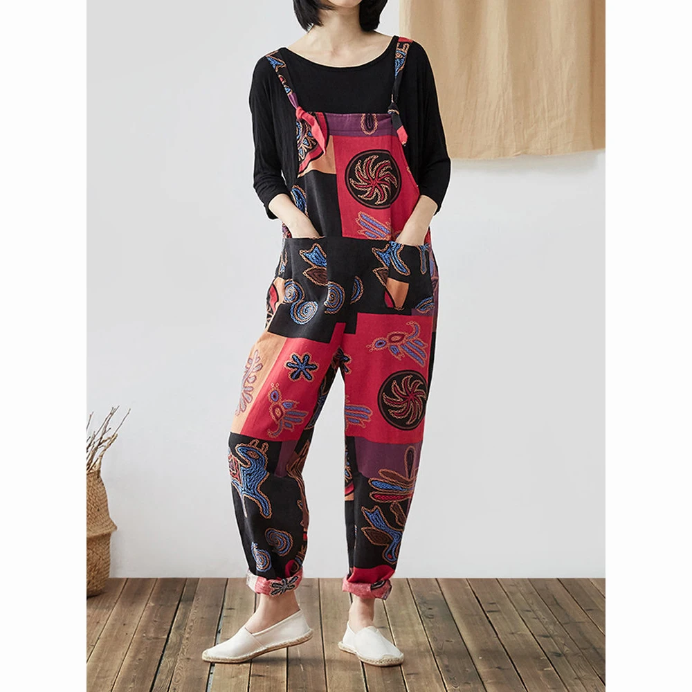 

Casual Straight Overalls Women Print Suspender Rompers Women Summer High Street Jumpsuits Fashion Pocket Sashes Streetwear H30