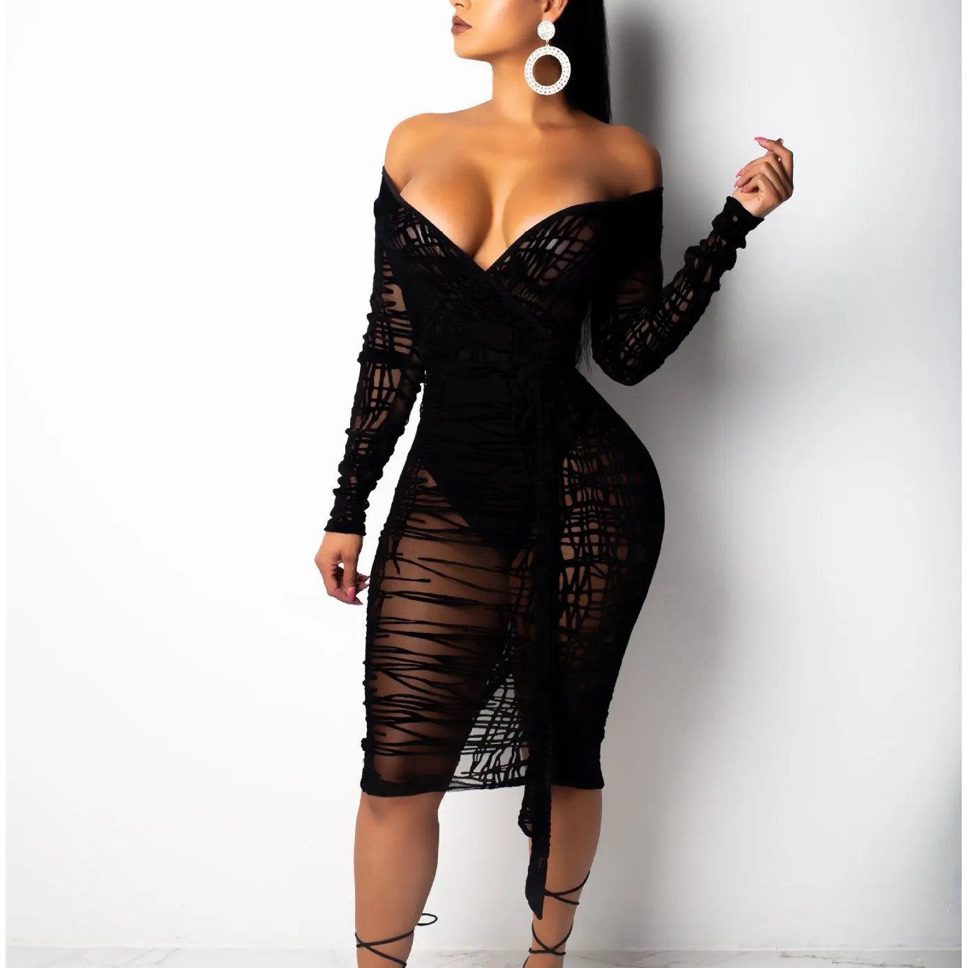 زائد الحجم بلوزات غير مغطية للكتف Bodycon حزب اللباس أنيقة طويلة الأكمام شبكة سوداء اللباس السببية انظر من خلال البسيطة نادي اللباس Vestido