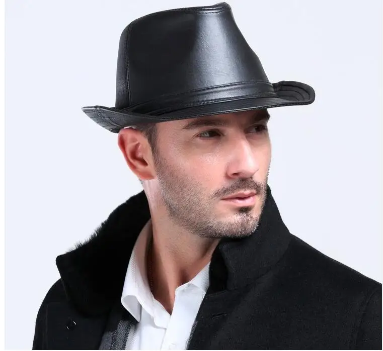 Men Fedoras Hat Women Felt Leather Hats Men Panama Caps Gorros PU Plain Church Boater Brim