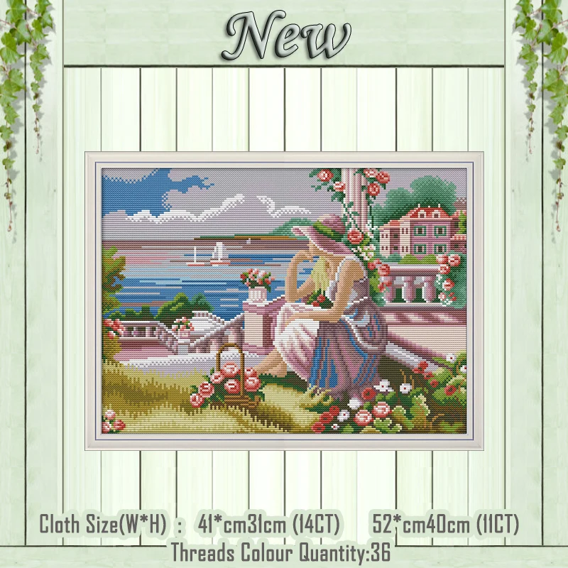 

girl looking at the sea scenery painting counted printed on the canvas DMC 11CT 14CT kits Cross Stitch embroidery needlework Set