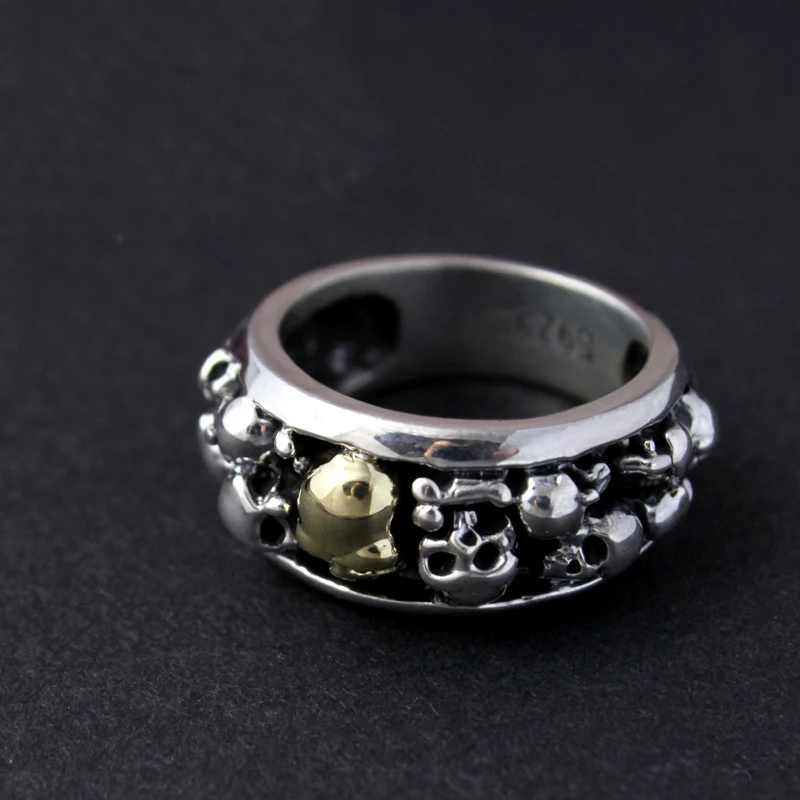 Gothic 100% Real 925 Sterling Silver Ring for Men with Many Skulls Boys Vintage Cool Punk Style Thai Silver Skeleton Rings Band