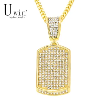 

UWIN Men Women Hip hop Pendant Gold Lced Out Full Rhinestone Army card Crystal Pendant Necklace Cuban Chain Jewelry