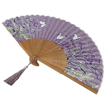 

Folding Hand Held Fan Wedding Dancing Party Prom Purple Lily Chinese Style Silk Fan