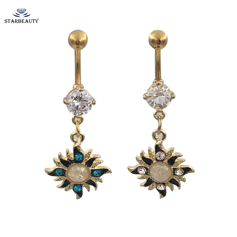 

1Pc Gold Sun White Fire Opal Dangle Navel Belly Rings Sexy Body Jewelry Women Girls Belly Button Rings Bijoux Femme