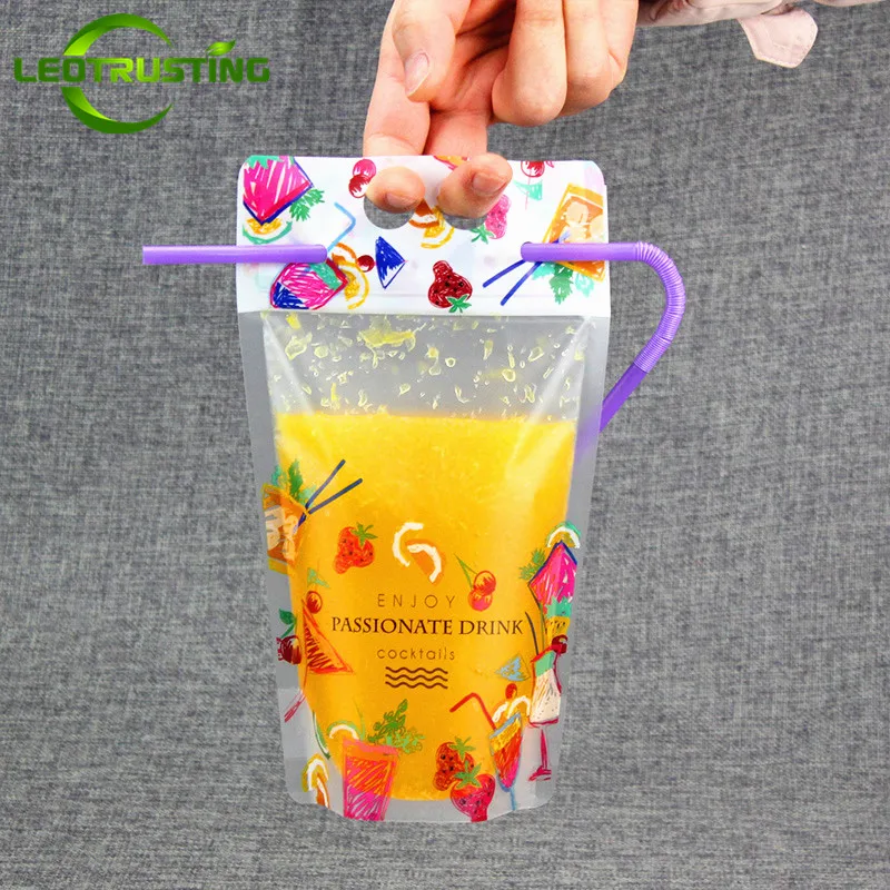 Us 14 48 12 Off Leotrusting 50pcs 450 500ml Frosted Plastic Drinking Packaging Pouch Printed Beverage Juice Bag With Free Straw Together In