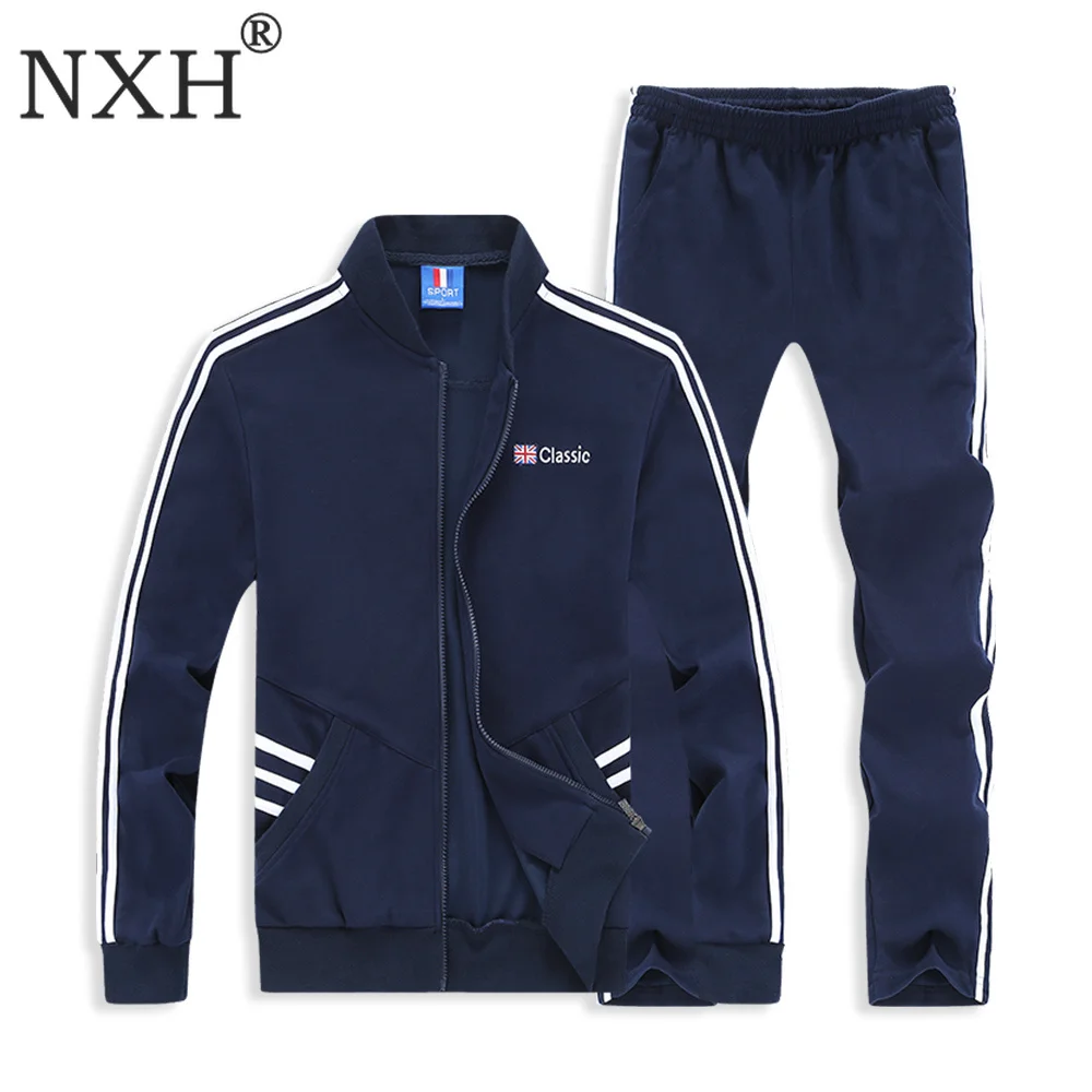 NXH хлопковый мужской набор с вышивкой мужские спортивные костюмы размера плюс