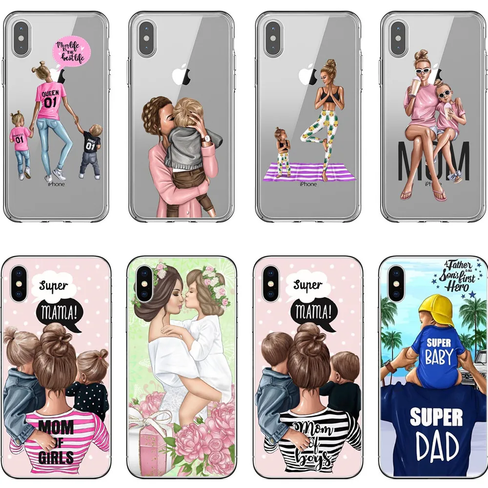 

IMIDO Fashion Black Brown Hair Baby Mom Girl Queen Case For iPhone X XS Max XR 8 7 6 6s Plus 5 5s SE Silicone Woman Phone Cover