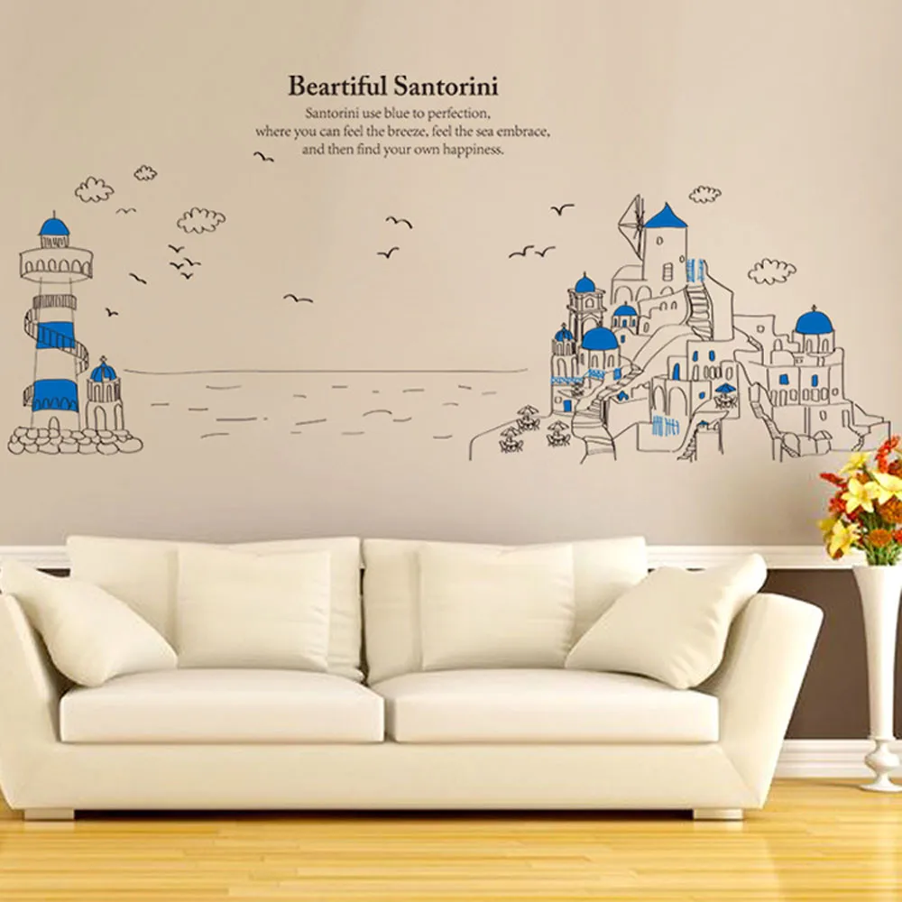 

2019 New Third Generation Of Removable Santorini Beautiful Scenery FIG Wall Stickers Home Decor Drop Shipping