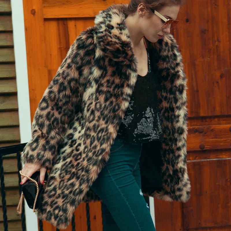 Шикарное женское леопардовое пальто из искусственного меха размера плюс, зимнее плотное теплое пальто с длинным рукавом, тонкое меховое пальто, верхняя одежда, элегантный Тренч