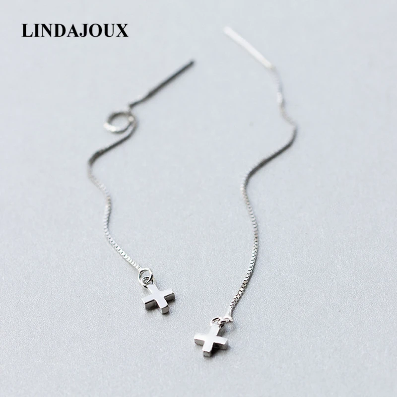 

LINDAJOUX 925 Sterling Silver Matte Cross Charm Drop Earrings For Women S925 Silver Long Dangling Earring