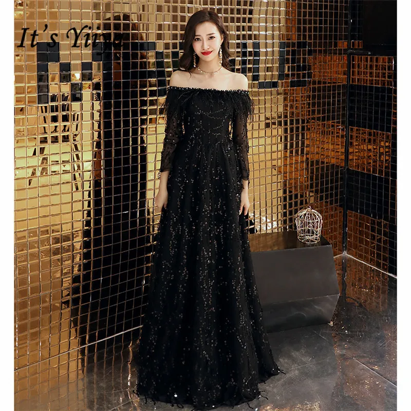 

It's YiiYa Evening Dress 2019 Crystal Feathered Boat Neck Sequines Tulle Women Party Dress Long Robe de Soiree Plus Size E507